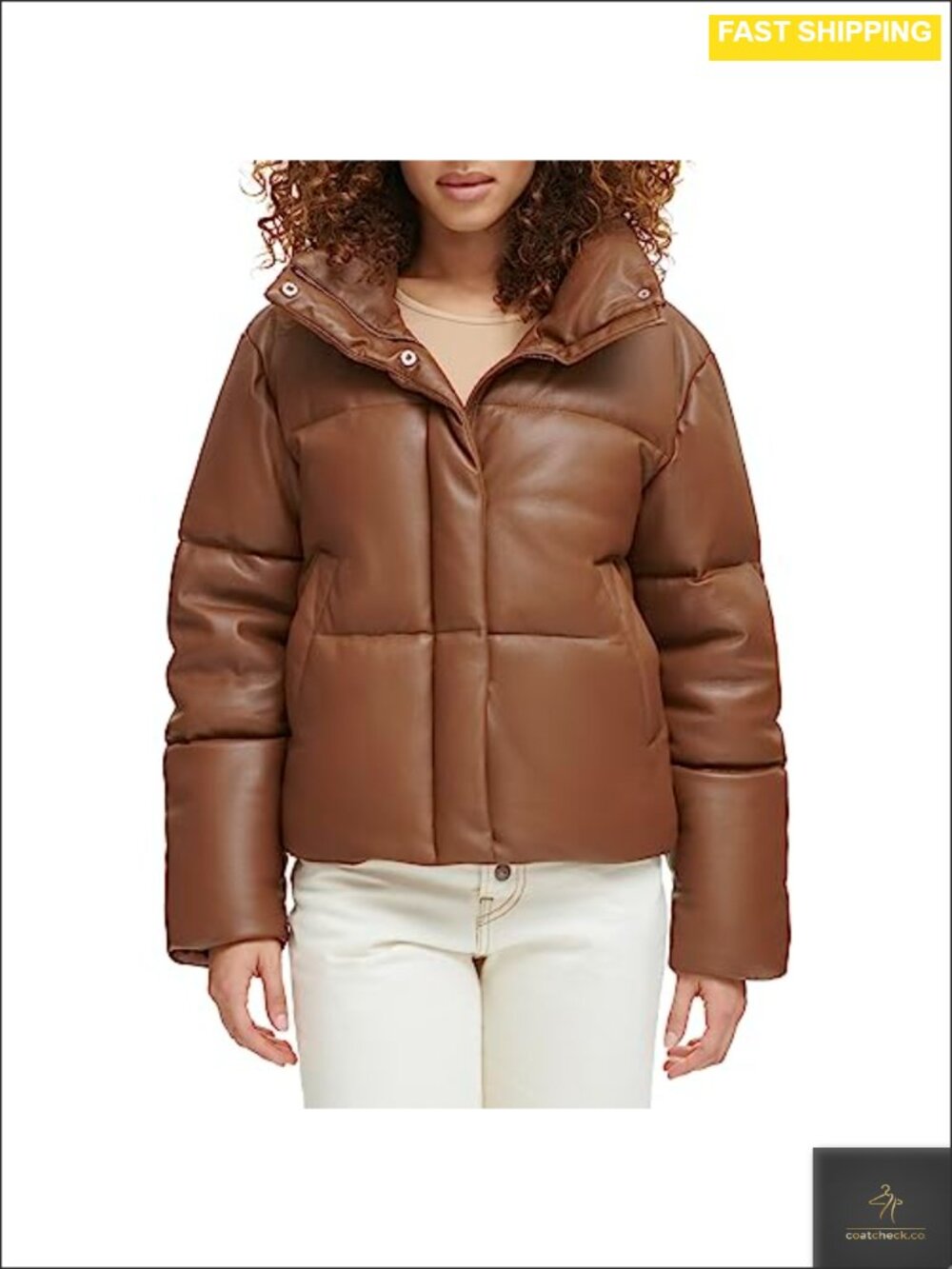 Vegan Leather Quilted Short Puffer Jacket - Women's Water-Resistant